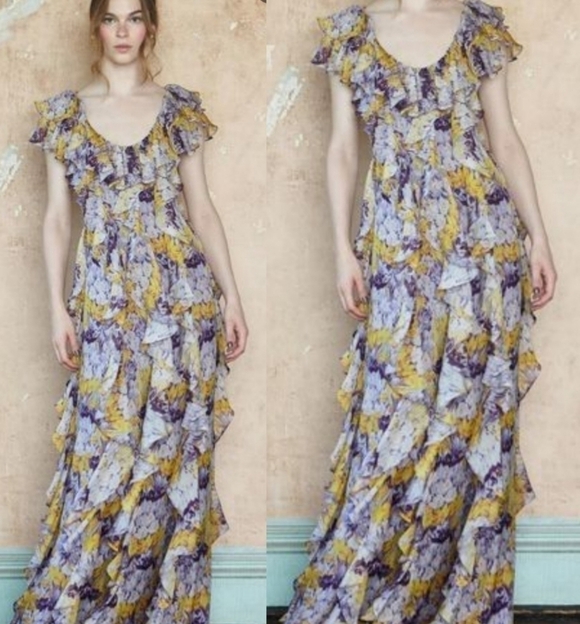 New Flor et. al Valles Floral Silk Chiffon Ruffle Lilac Gown Resort '20 4 US NWT - Picture 9 of 17